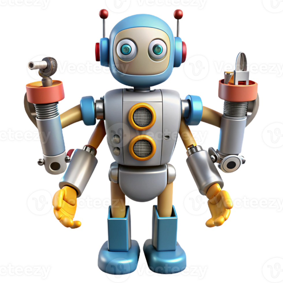 extraordinary creative Robot with multiple arms, various tools attached genuine png