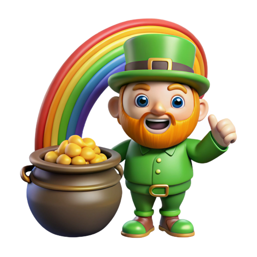 beautiful classic A mischievous leprechaun guarding a pot of gold at the end of a rainbow, in a cheerful, cartoonish style professional png