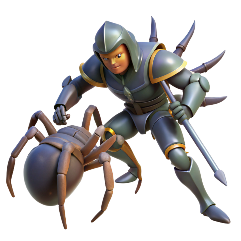 magnificent classic A brave knight in shining armor battling a monstrous spider, dramatic lighting, heroic fantasy style premium png