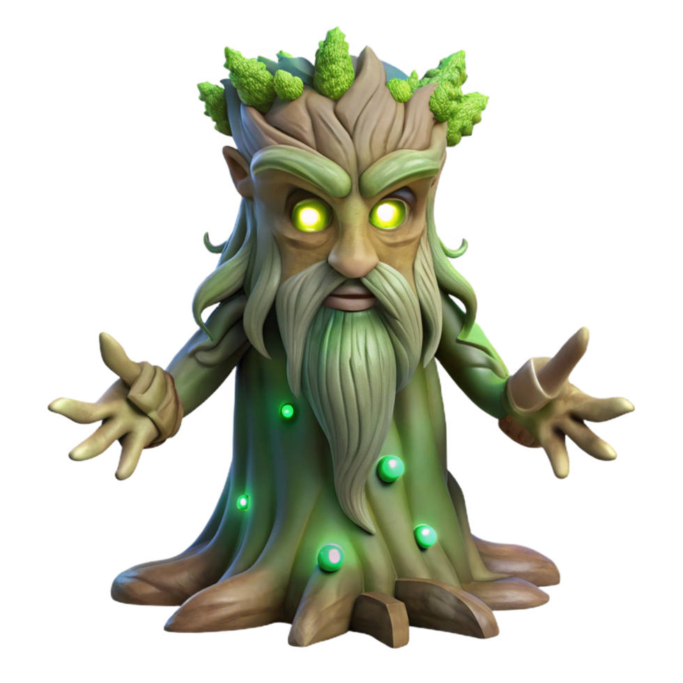 magnificent abstract A wise old tree spirit, its bark covered in moss and glowing runes, in a mystical, ancient style original png