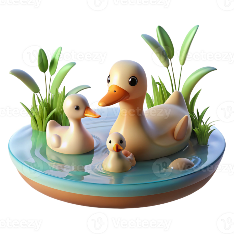 elegant traditional A family of ducks swimming in a calm pond, illuminated by the soft light of a summer afternoon, in a peaceful, illustrative style premium png