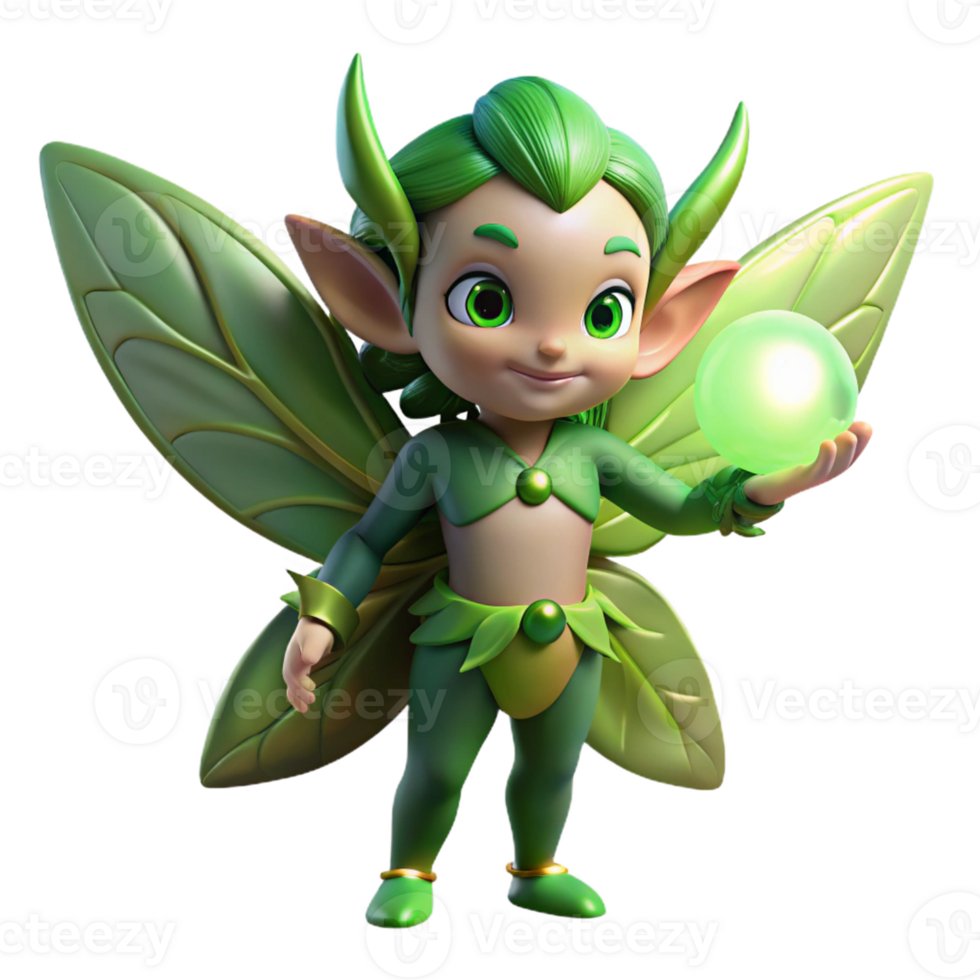 vibrant vintage A mischievous forest sprite with emerald skin, butterfly wings, and pointed ears, holding a glowing orb, dappled sunlight, whimsical illustration style high resolution png