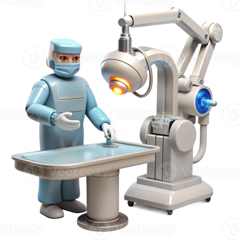 dramatic minimalist A robotic surgeon performing a delicate operation, bright white lighting, photorealistic style high resolution png
