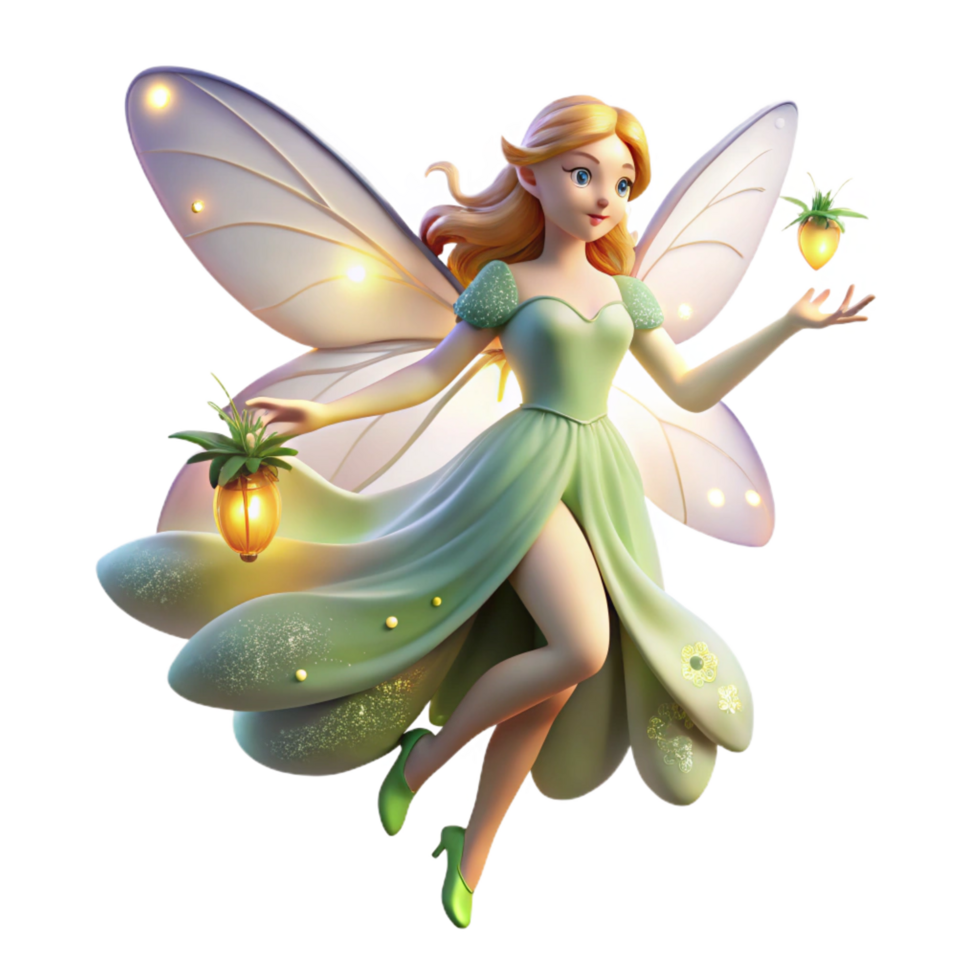 vibrant contemporary A graceful, ethereal fairy with iridescent wings and gossamer garments, flitting through a moonlit meadow, lit by the soft glow of fireflies. Art Nouveau style genuine png