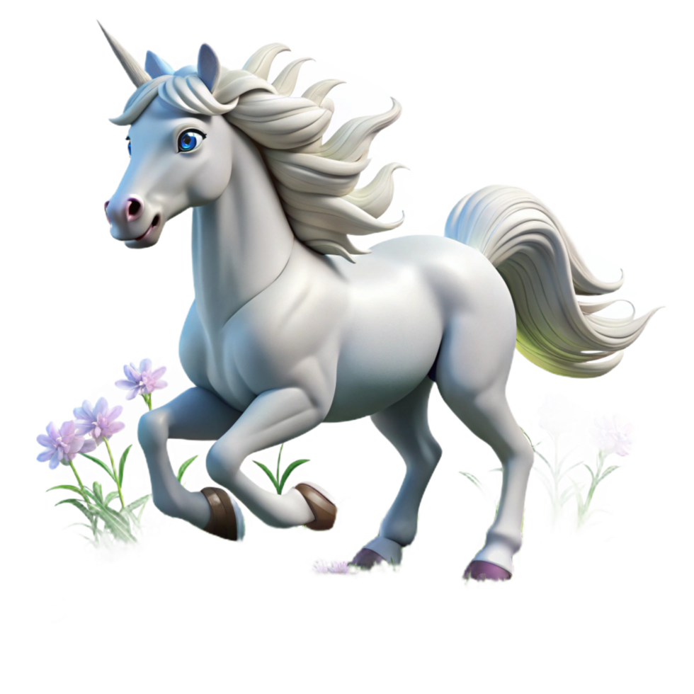 beautiful modern A majestic unicorn with a silver horn and flowing white mane, gallops through a field of wildflowers. Soft, magical lighting. Fantasy creature art style premium png