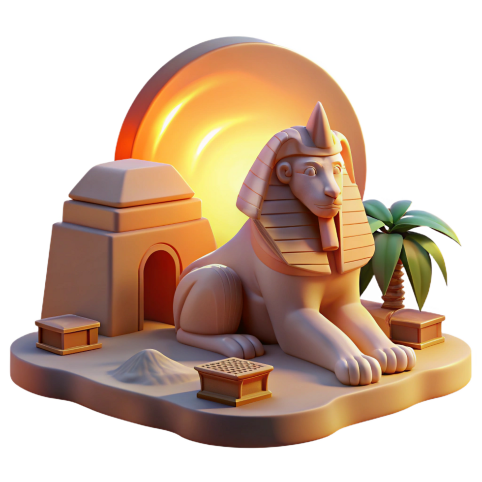 beautiful abstract A mysterious sphinx with the body of a lion and the head of a human, guarding an ancient tomb, illuminated by the setting sun. Egyptian art style original png