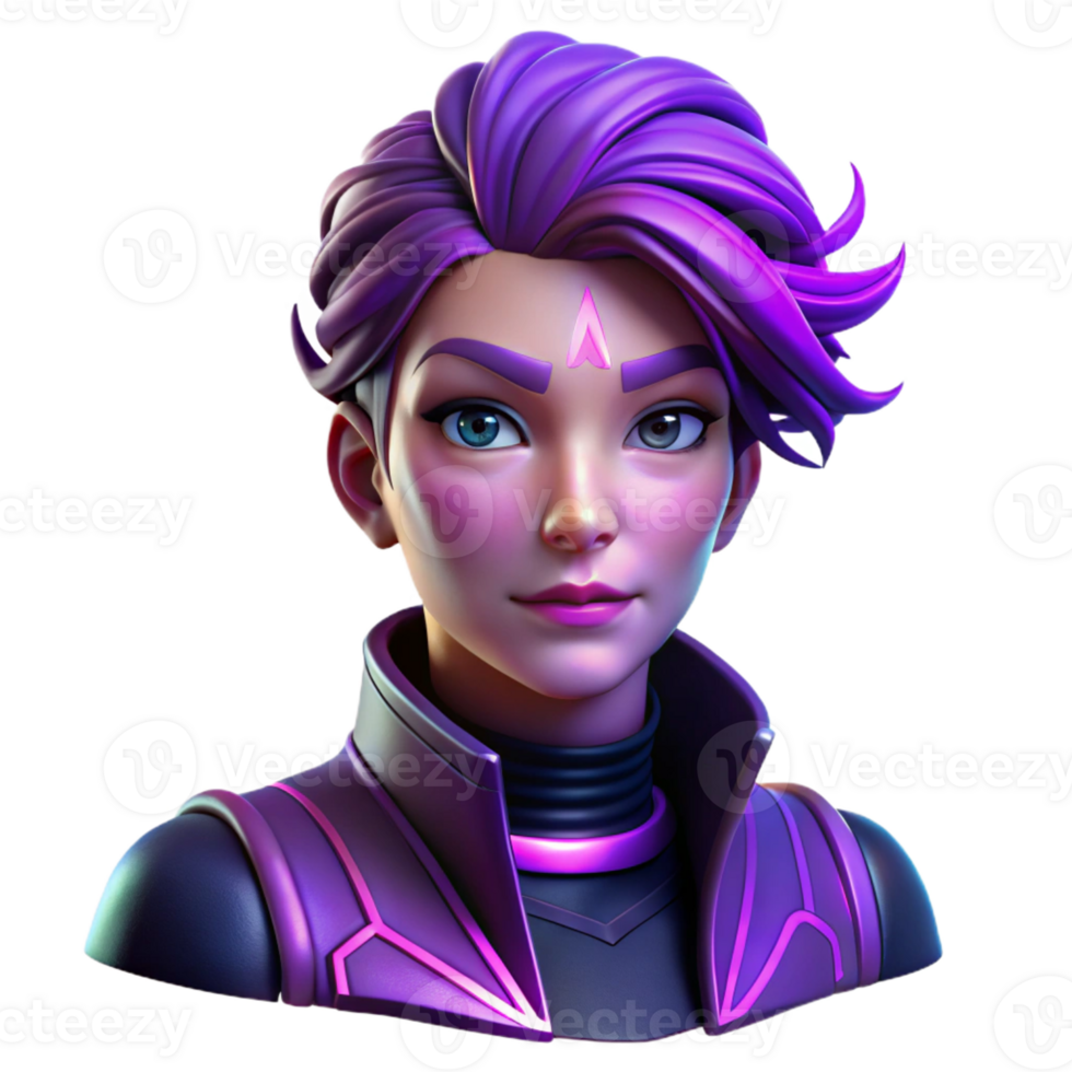 dramatic vintage Portrait of a non-binary person with vibrant purple hair and striking makeup, lit by neon lights, cyberpunk style premium png