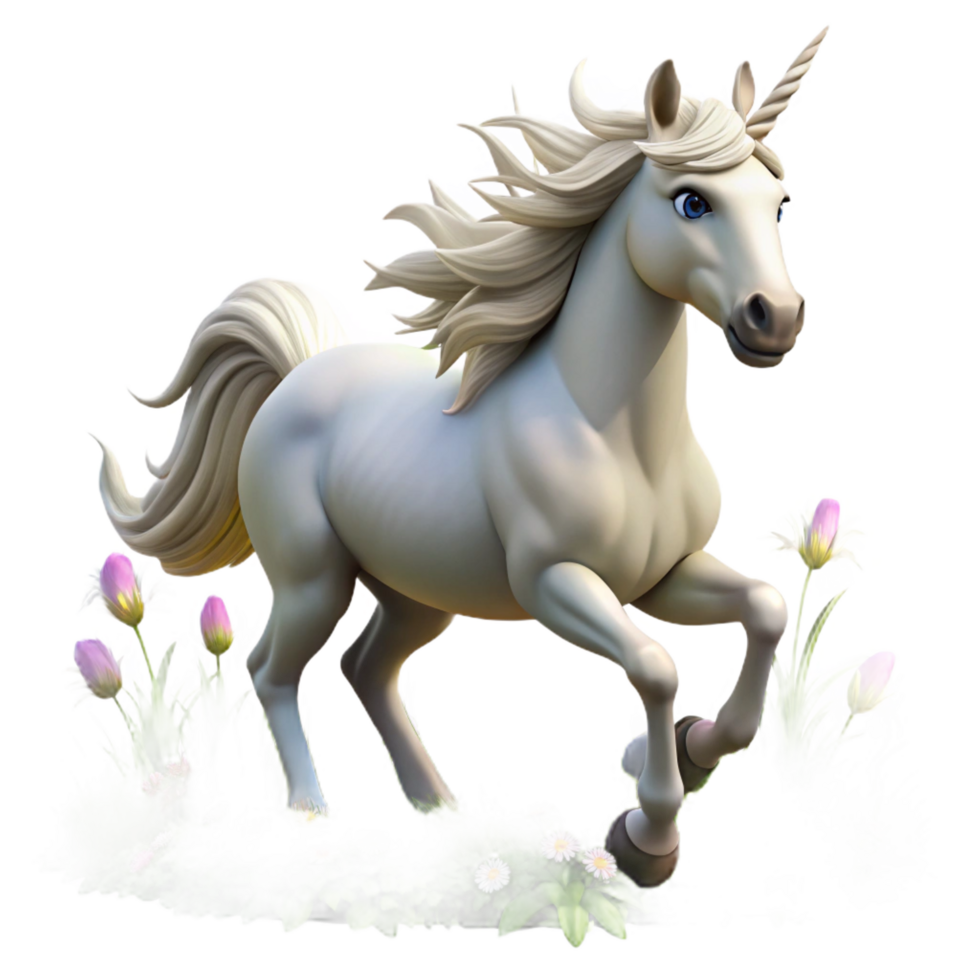 wonderful classic A majestic unicorn with a silver horn and flowing white mane, galloping through a field of wildflowers, illuminated by the warm sunlight. Fantasy art style detailed png
