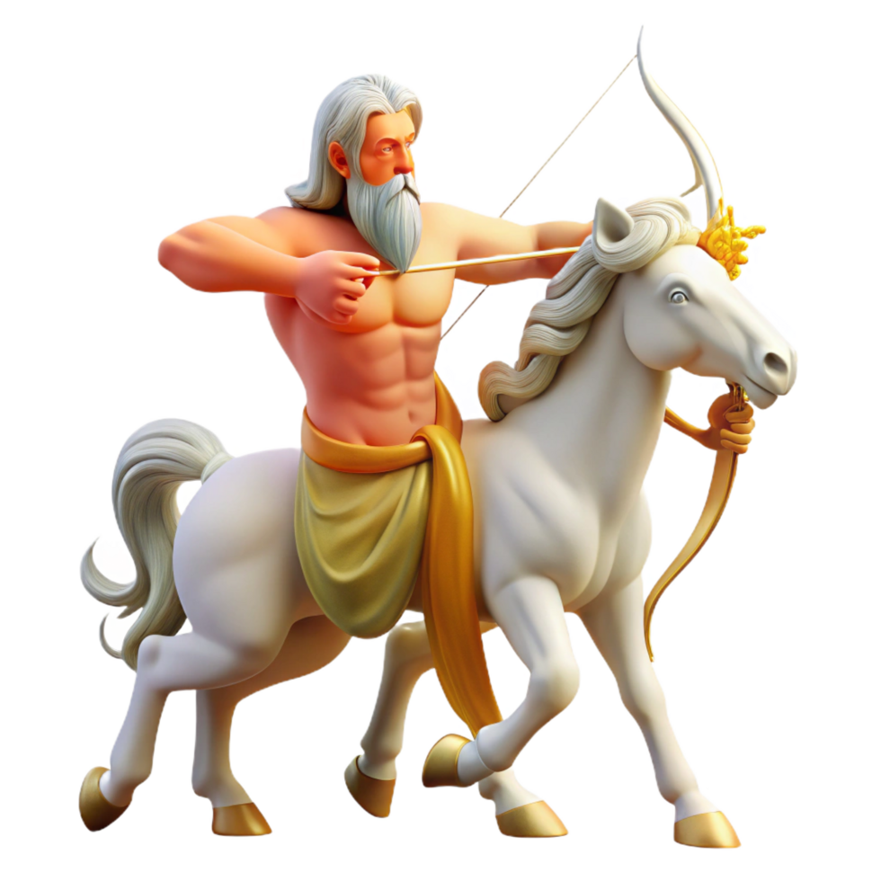 vibrant contemporary A wise centaur with a long, flowing white beard, teaching archery to a young human, bathed in warm, golden sunlight in a classical Greek sculpture style high resolution png