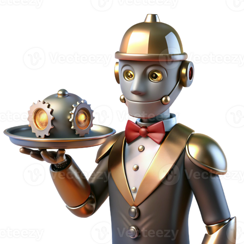 beautiful minimalist A steampunk robot butler holding a silver tray with cogs and gears visible beneath its polished metal exterior, lit by warm candlelight, in a cartoon style professional png