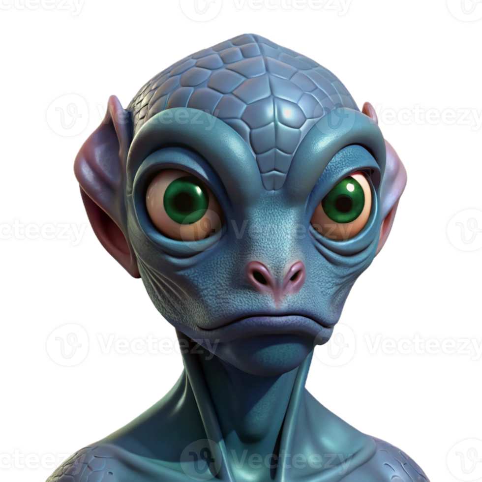 vibrant artistic Alien creature portrait, three eyes, reptilian skin high resolution png