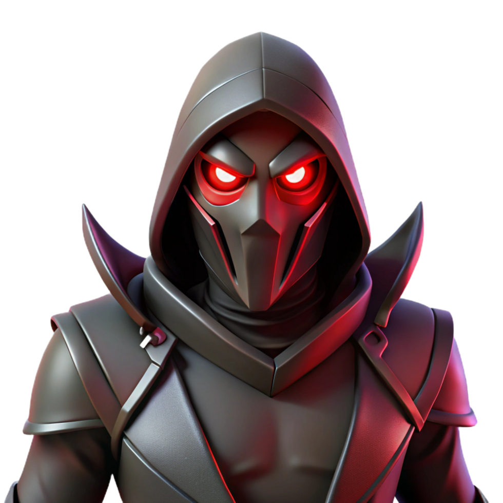 stunning modern A shadowy assassin with glowing red eyes and twin daggers, dark and mysterious lighting, fantasy character art style high resolution png