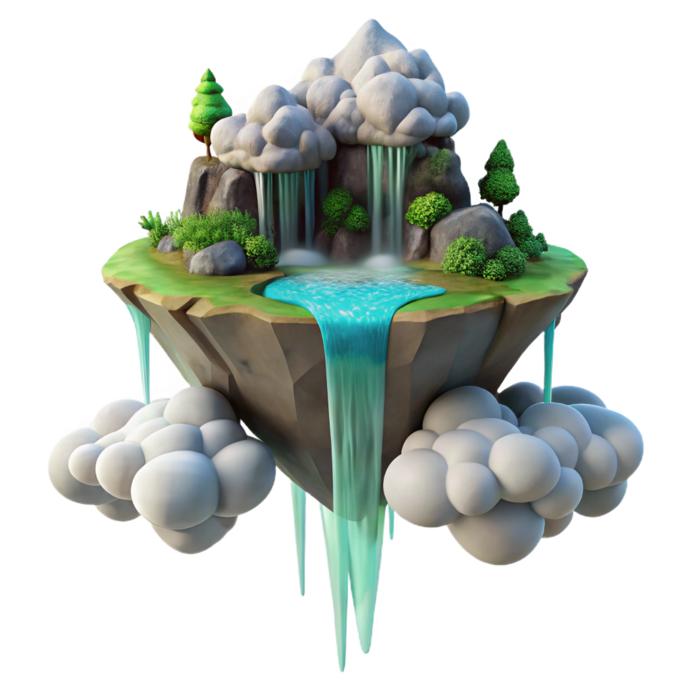wonderful vintage A floating island with waterfalls cascading down its sides, surrounded by clouds, ethereal lighting, fantasy landscape style authentic png