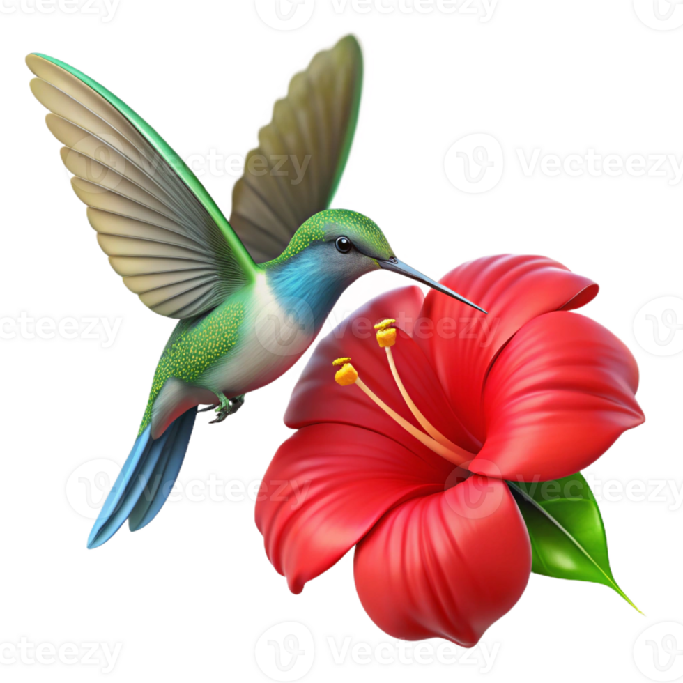 extraordinary abstract A hummingbird hovering mid-air, wings a blur, sipping nectar from a bright red hibiscus flower, dynamic motion blur photography style high resolution png