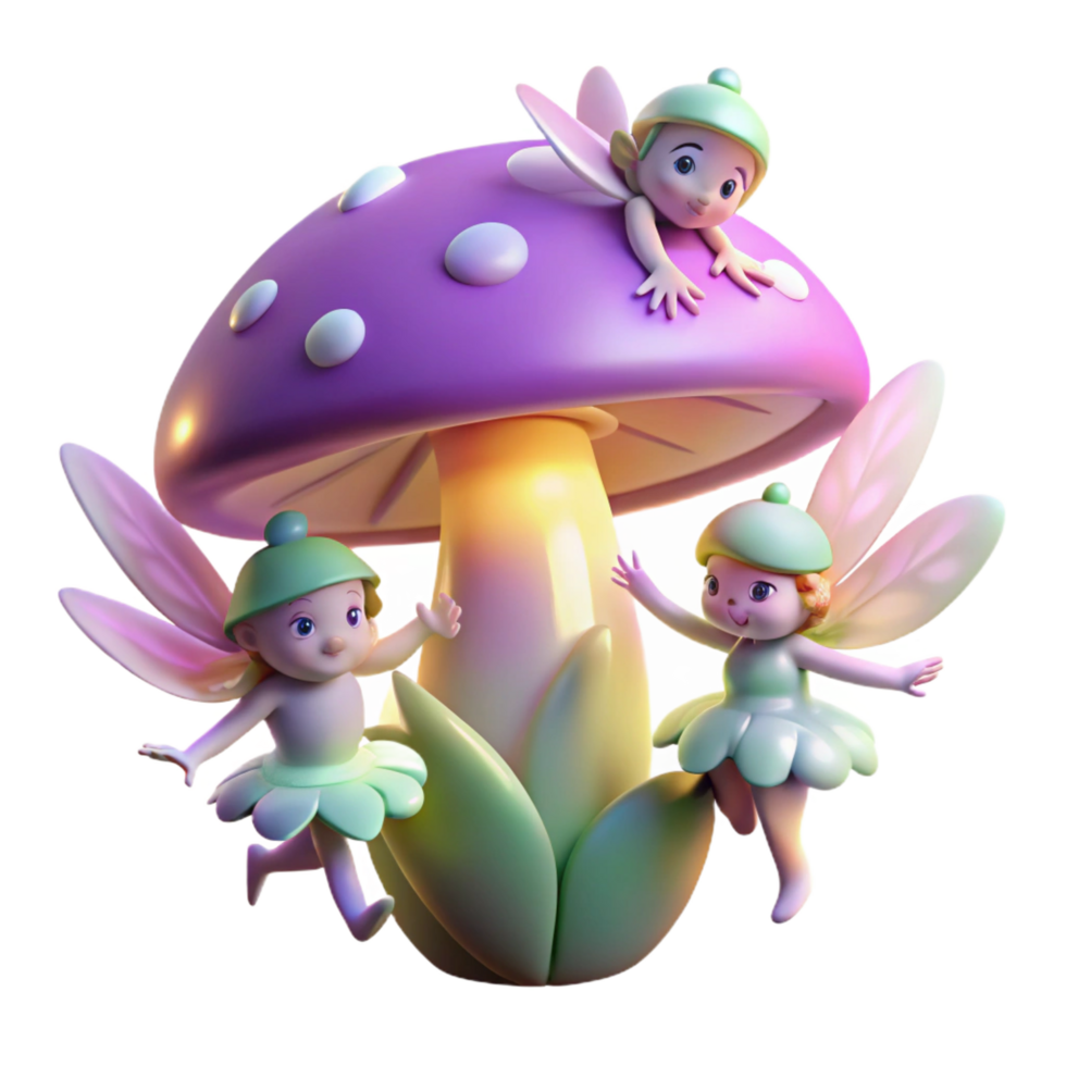 stunning contemporary A group of playful fairies with iridescent wings, flutter around a glowing mushroom in a moonlit forest. Soft, magical lighting. Whimsical fantasy art style professional png