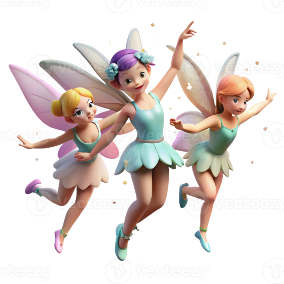 beautiful minimalist A group of playful pixies dancing in a moonlit meadow, their wings sparkling with fairy dust, in a delicate, ethereal style high quality png