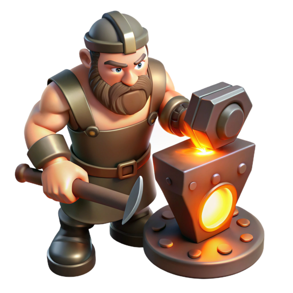 beautiful classic A powerful cyclops, forging a mighty hammer, lit by the glow of the forge, in a fantasy art style detailed png