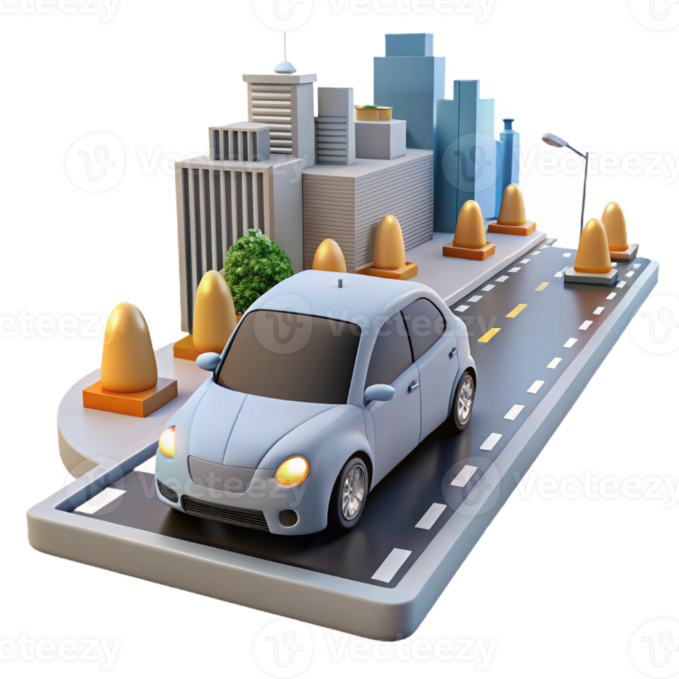 dramatic modern A self-driving car navigating a busy city street, daytime lighting, photorealistic style authentic png