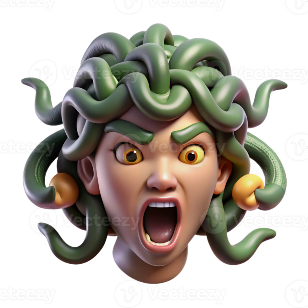 dramatic traditional Medusa's head, venomous snakes writhing, high resolution png