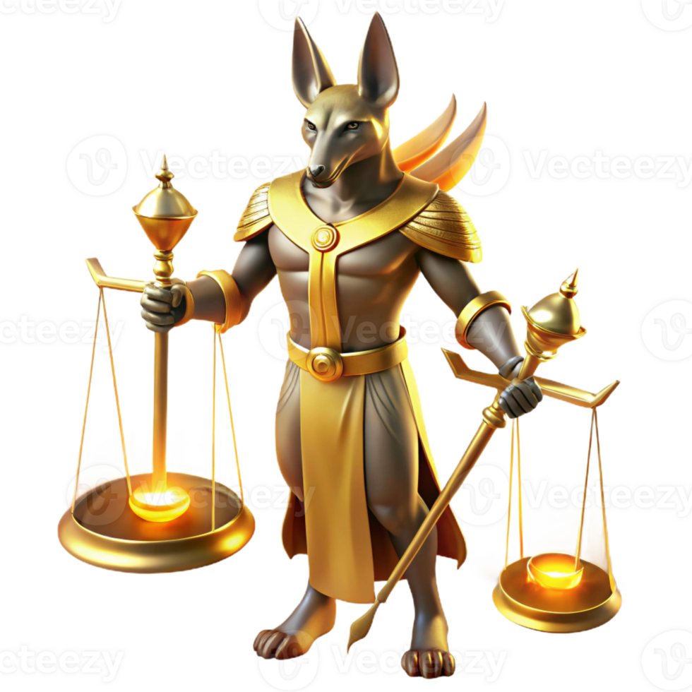stunning abstract A powerful, winged Anubis with the head of a jackal and a regal staff, standing before a set of towering golden scales, lit by an ethereal golden light. Egyptian style genuine png
