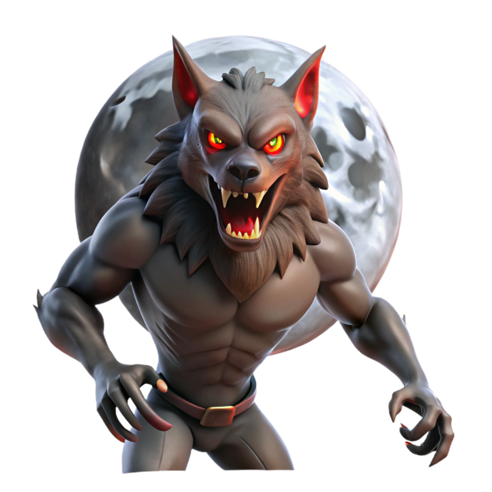 wonderful contemporary A fierce werewolf with glowing red eyes and sharp claws, transforms under the light of the full moon. Dramatic, moonlight lighting. Horror fantasy art style authentic png