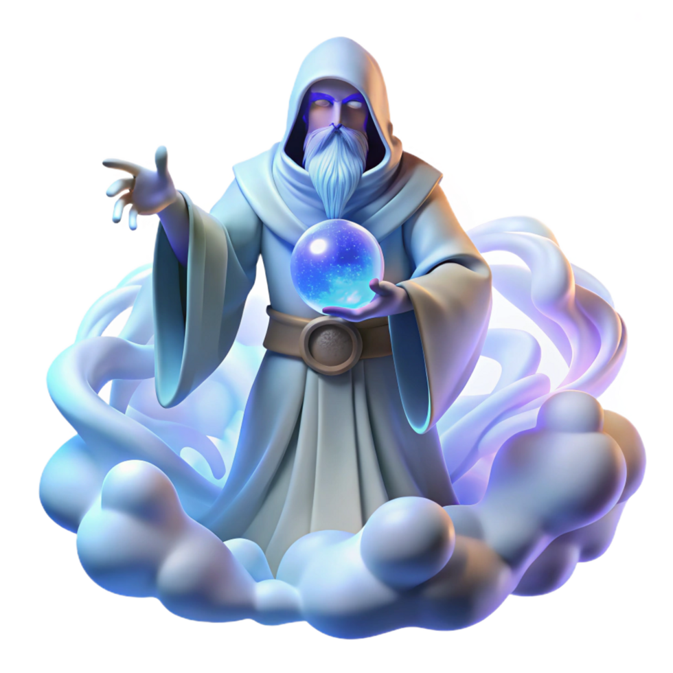 serene contemporary A wise, ancient oracle with flowing white robes and a crystal ball, surrounded by swirling mists, lit by an ethereal blue light. Fantasy style high quality png