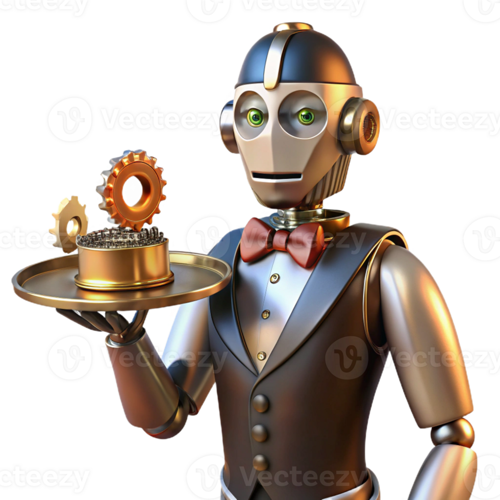 vibrant artistic A steampunk robot butler holding a silver tray with cogs and gears visible beneath its polished metal exterior, lit by warm candlelight, in a cartoon style high quality png