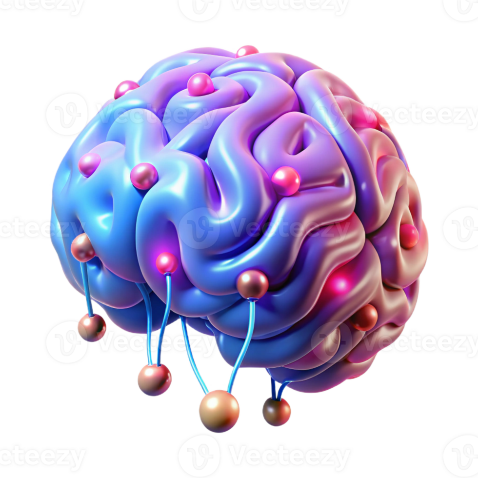 vibrant abstract A human brain connected to a network of wires and circuits, neon pink and blue lighting, cyberpunk style original png