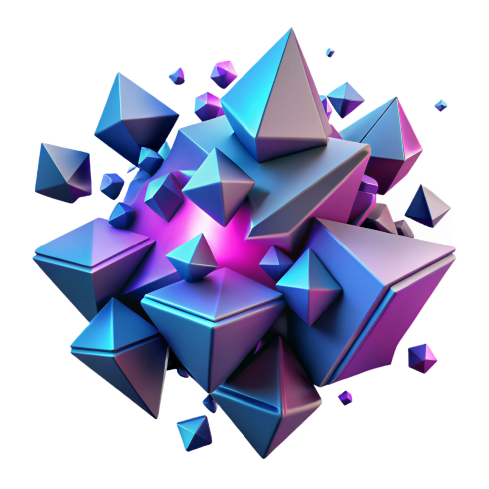 dramatic vintage Fractured geometric shapes cascading through a digital space, with neon pink and electric blue highlights, in a cyberpunk, low-poly style authentic png