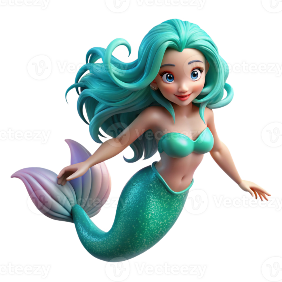 magnificent artistic A beautiful mermaid with flowing turquoise hair, swimming in a coral reef, illuminated by underwater sunlight. Photorealistic style 4K png