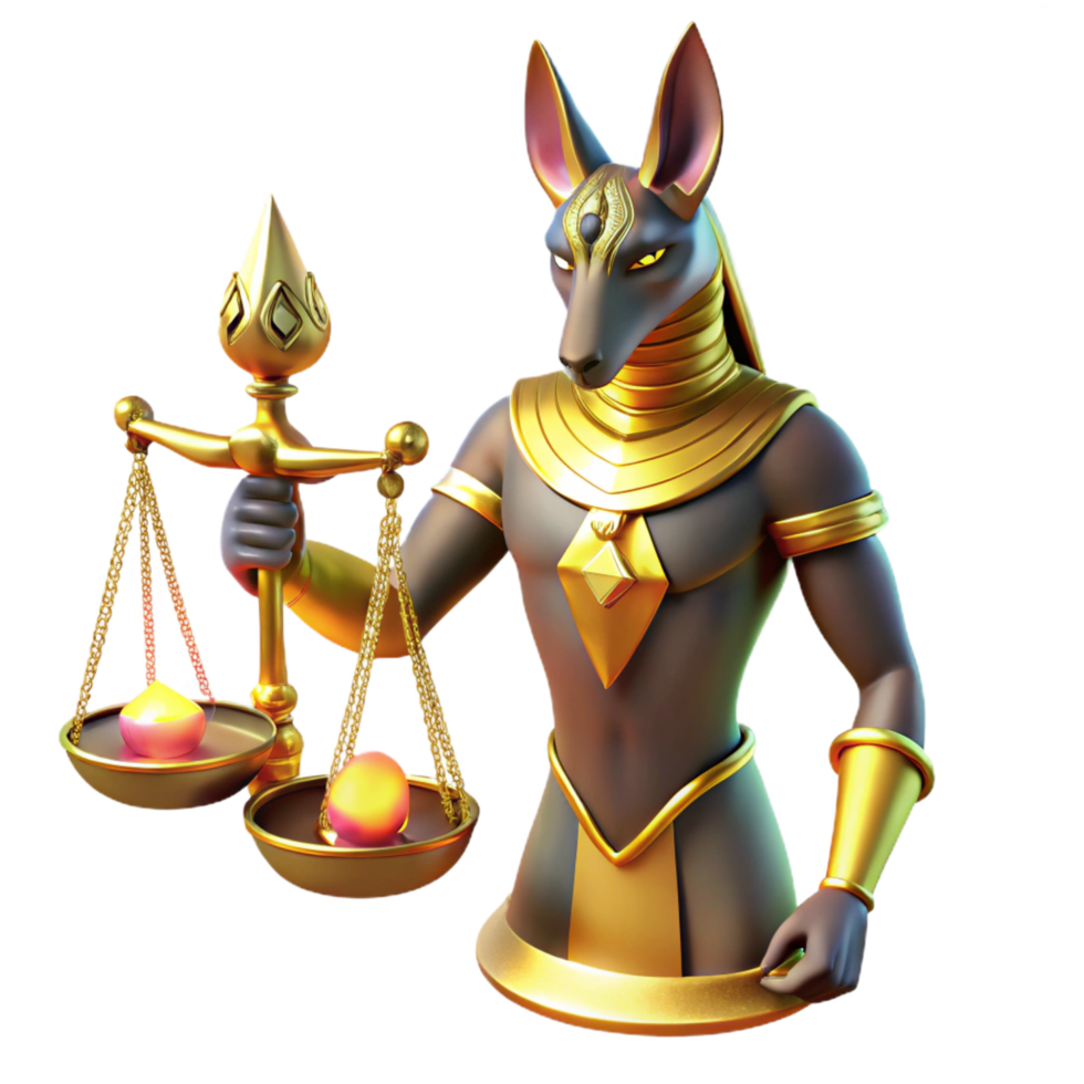 extraordinary abstract A benevolent Anubis with a jackal head and ornate golden jewelry, weighing a human heart on a scale, illuminated by soft, otherworldly light in an ancient Egyptian art style 4K png