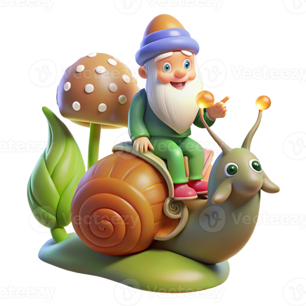 wonderful traditional A whimsical gnome riding a giant snail through a magical forest, the snail's shell illuminated by bioluminescent fungi. Fairy tale, vibrant colors high resolution png