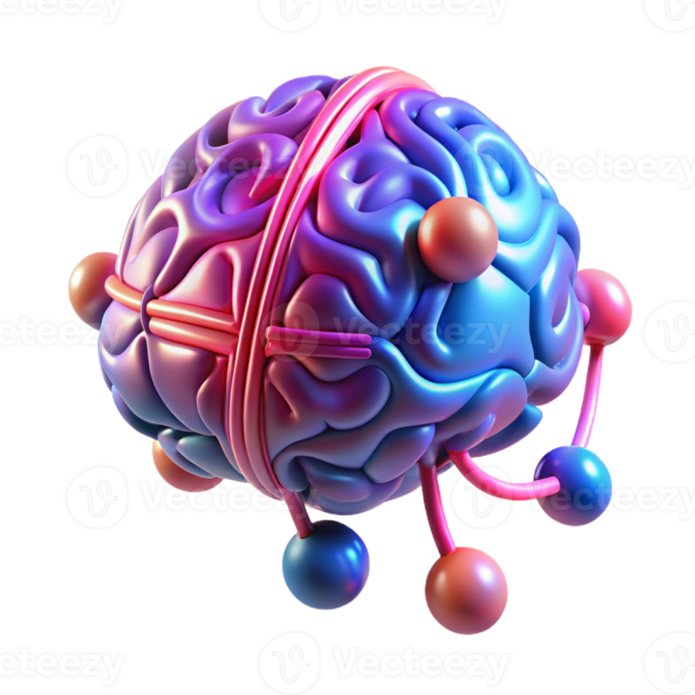 dramatic artistic A human brain connected to a network of wires and circuits, neon pink and blue lighting, cyberpunk style 4K png