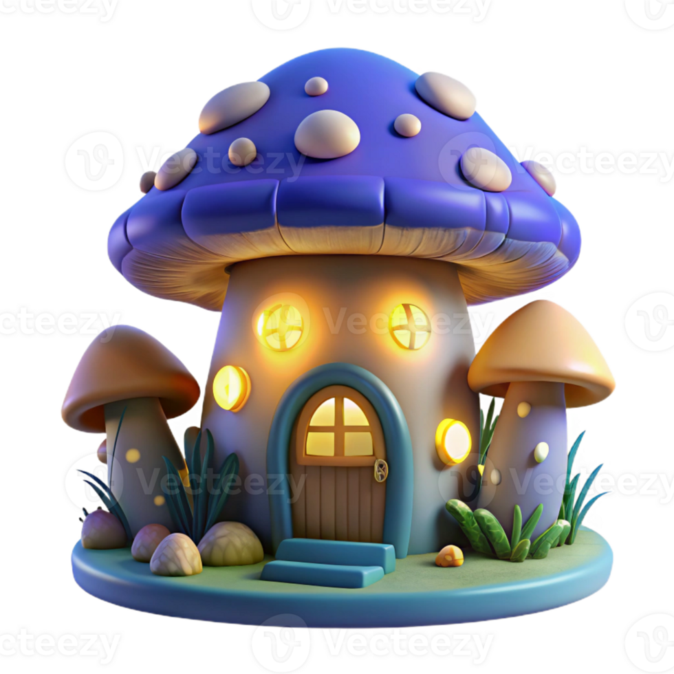 elegant traditional A whimsical mushroom house with glowing windows and a thatched roof, surrounded by bioluminescent flora, nighttime lighting, storybook illustration style genuine png