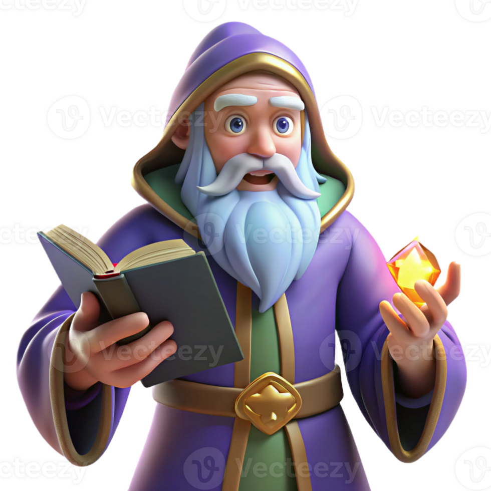 impressive rustic A wise old wizard with a long white beard and twinkling eyes, holding a glowing spellbook, warm firelight, classic fantasy style high resolution png