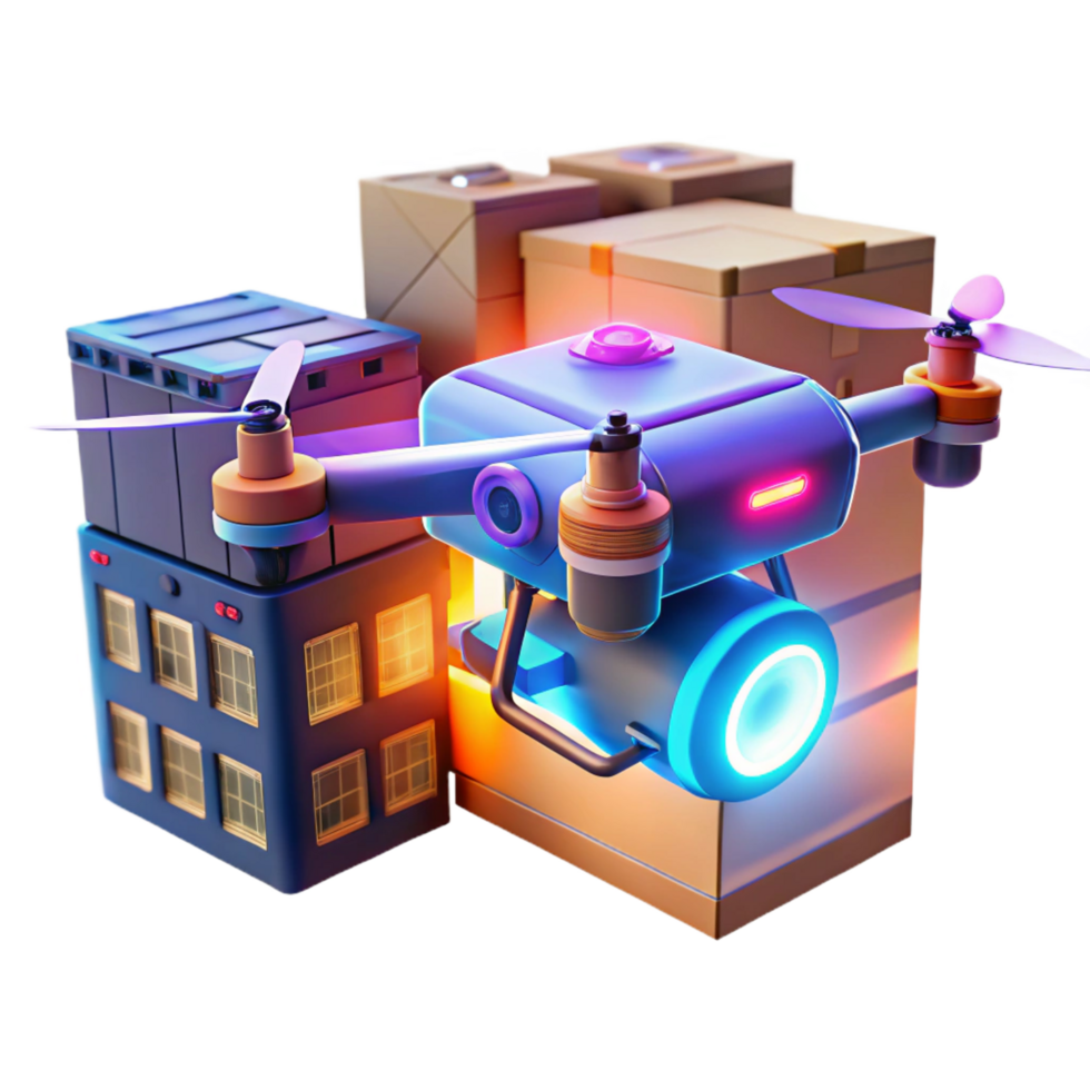 elegant traditional A drone delivering a package with a glowing holographic label, urban setting, dusk lighting professional png