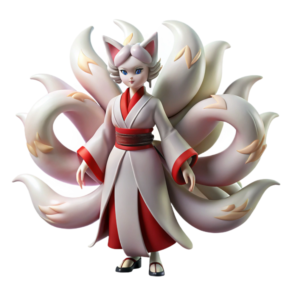 wonderful creative A cunning Kitsune, with nine flowing tails, transforming into a beautiful woman, bathed in moonlight, in a Japanese woodblock print style premium png