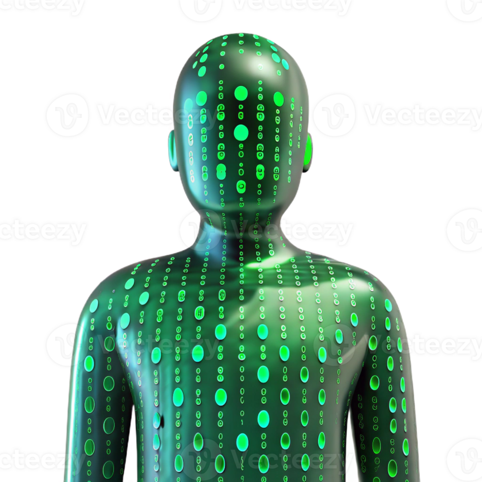 stunning contemporary A transparent human figure filled with binary code, cool green lighting, digital art style high resolution png