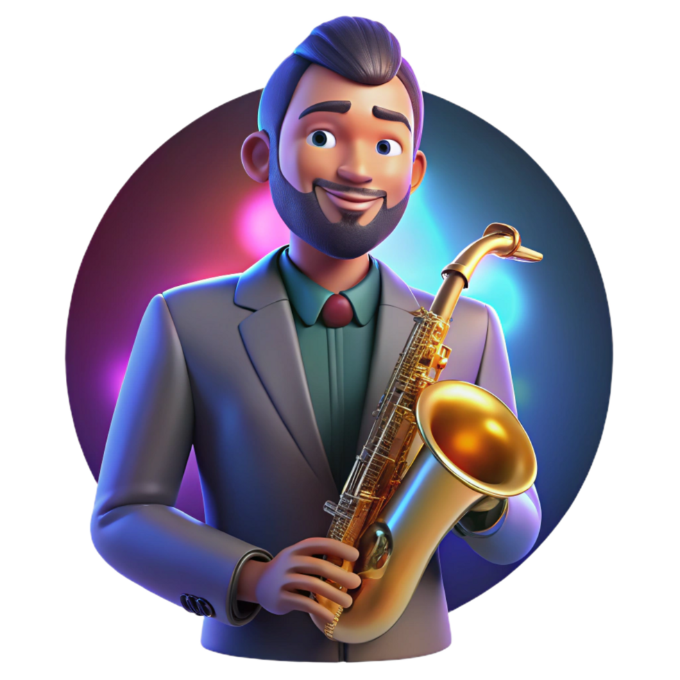 elegant traditional Portrait of a charismatic musician with a saxophone and a soulful expression, lit by the colorful stage lights, in a pop art style 4K png