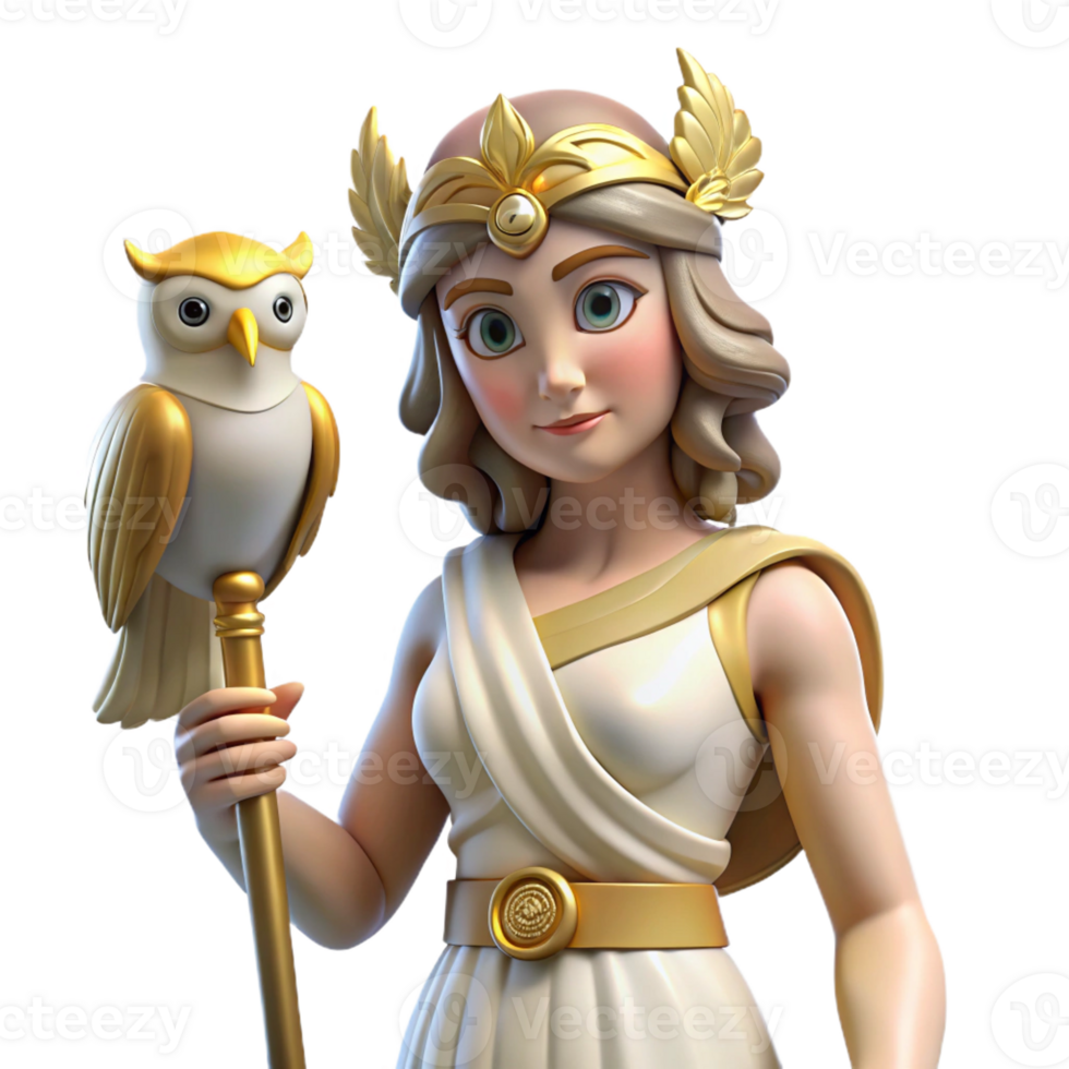 serene traditional Athena, Goddess of Wisdom, with an owl perched on her shoulder professional png