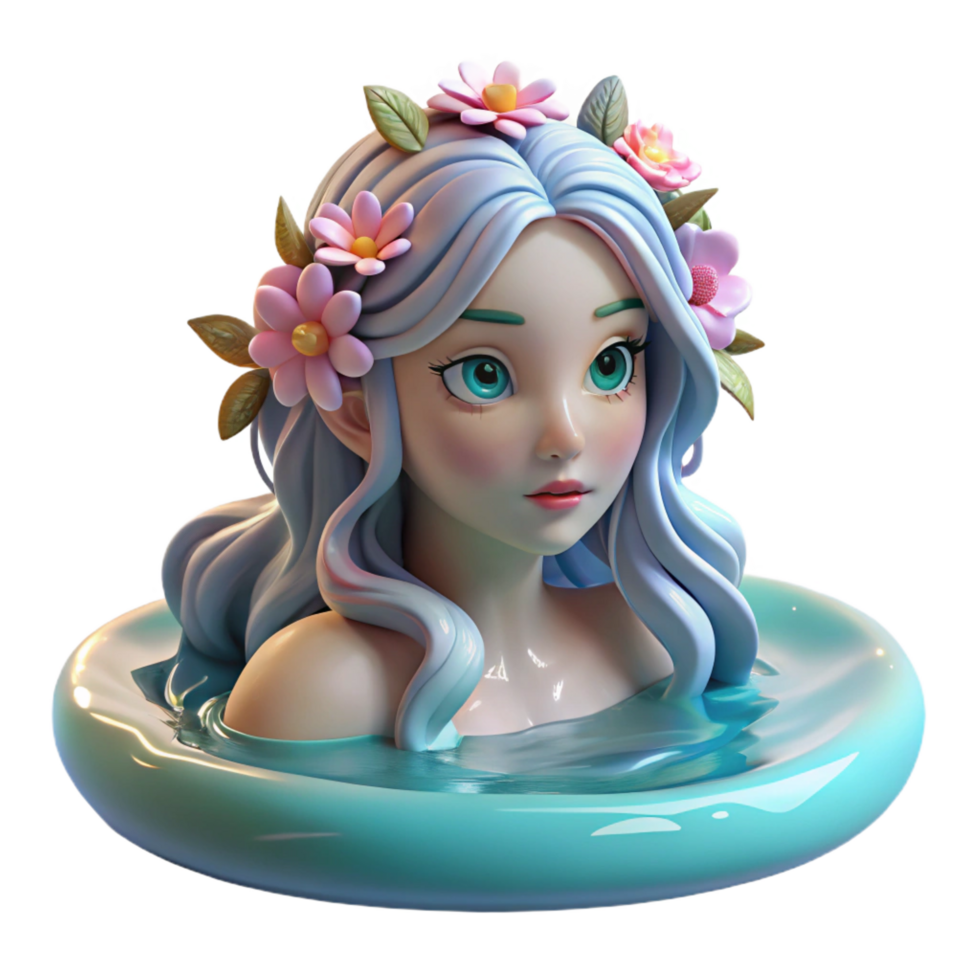 wonderful rustic A beautiful, enchanting nymph with flowing hair adorned with flowers, bathing in a crystal-clear pool, lit by dappled sunlight. Impressionist style professional png
