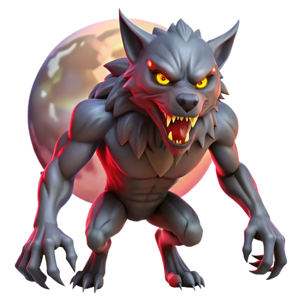 extraordinary creative A fierce werewolf with glowing red eyes and sharp claws, transforms under the light of the full moon. Dramatic, moonlight lighting. Horror fantasy art style high quality png