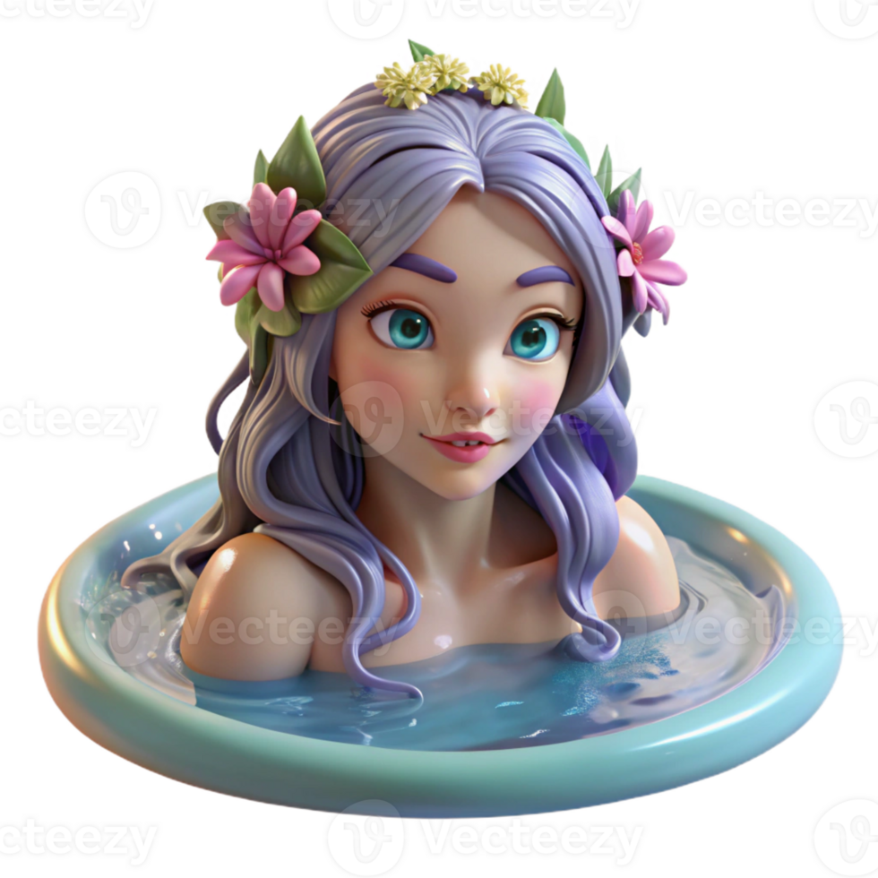 extraordinary rustic A beautiful, enchanting nymph with flowing hair adorned with flowers, bathing in a crystal-clear pool, lit by dappled sunlight. Impressionist style 4K png