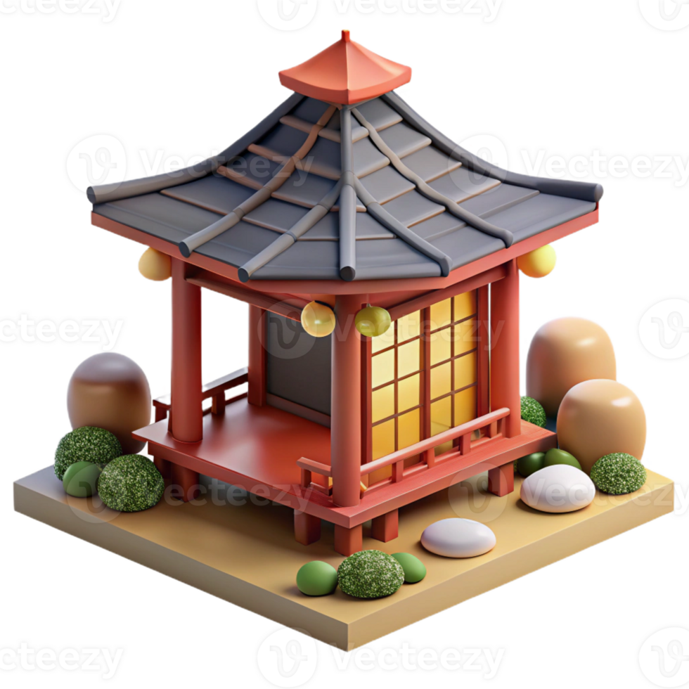 dramatic rustic Traditional Japanese tea house surrounded by a zen garden, soft natural lighting, serene style high quality png