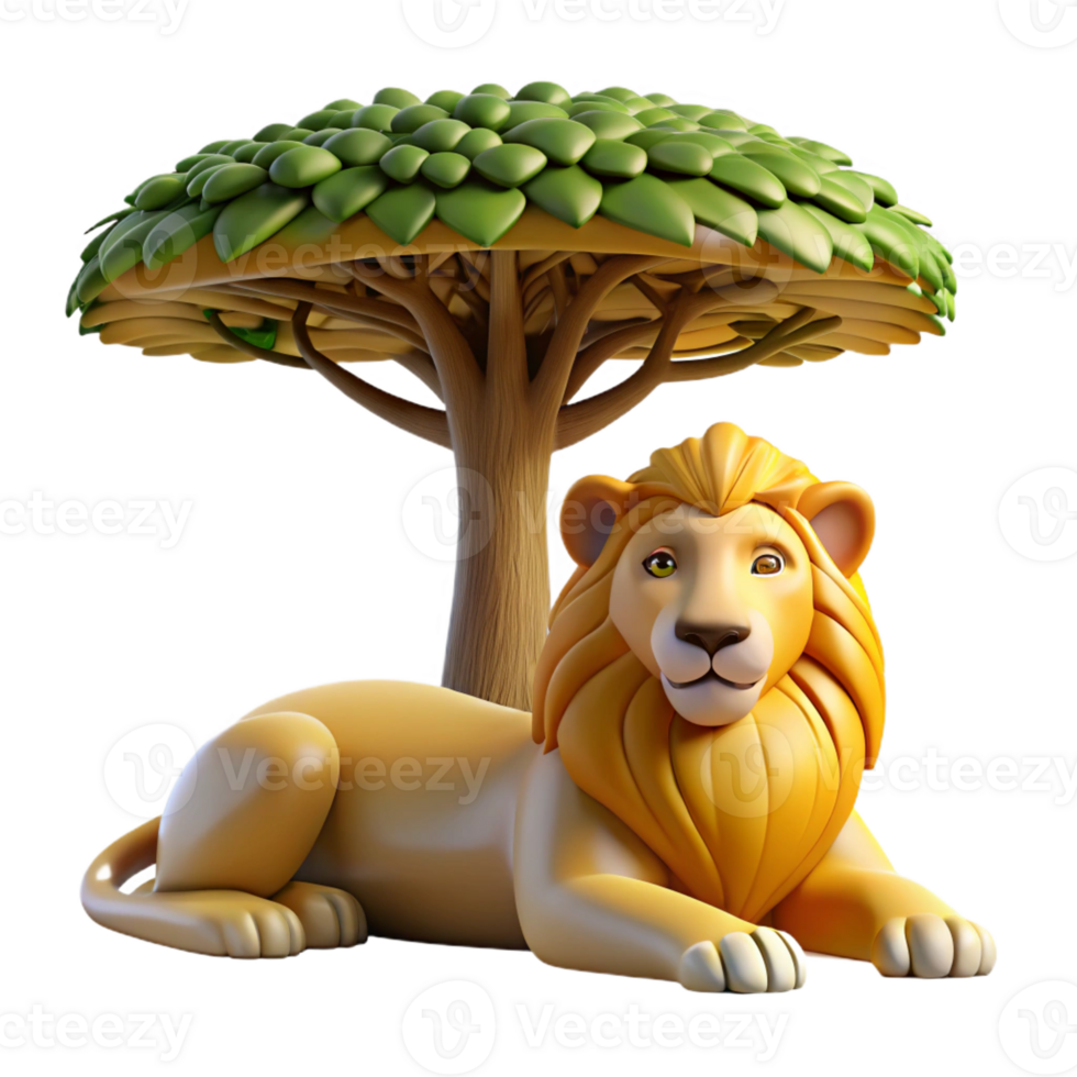 elegant vintage A majestic lion resting in the shade of a baobab tree, the golden light of late afternoon illuminating its mane, rendered in a realistic, National Geographic style authentic png