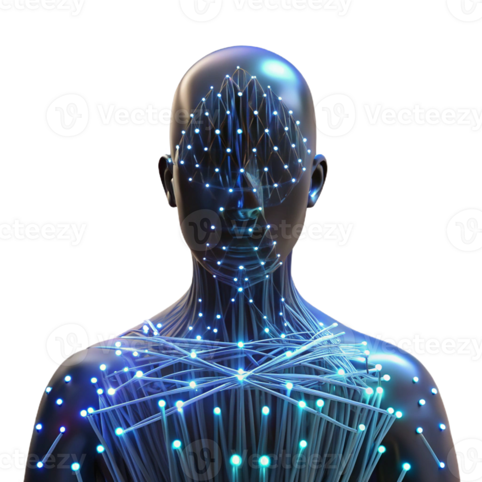 serene modern Intricate network of glowing fiber optic cables weaving through a human silhouette, dark cyberpunk lighting, digital art style professional png