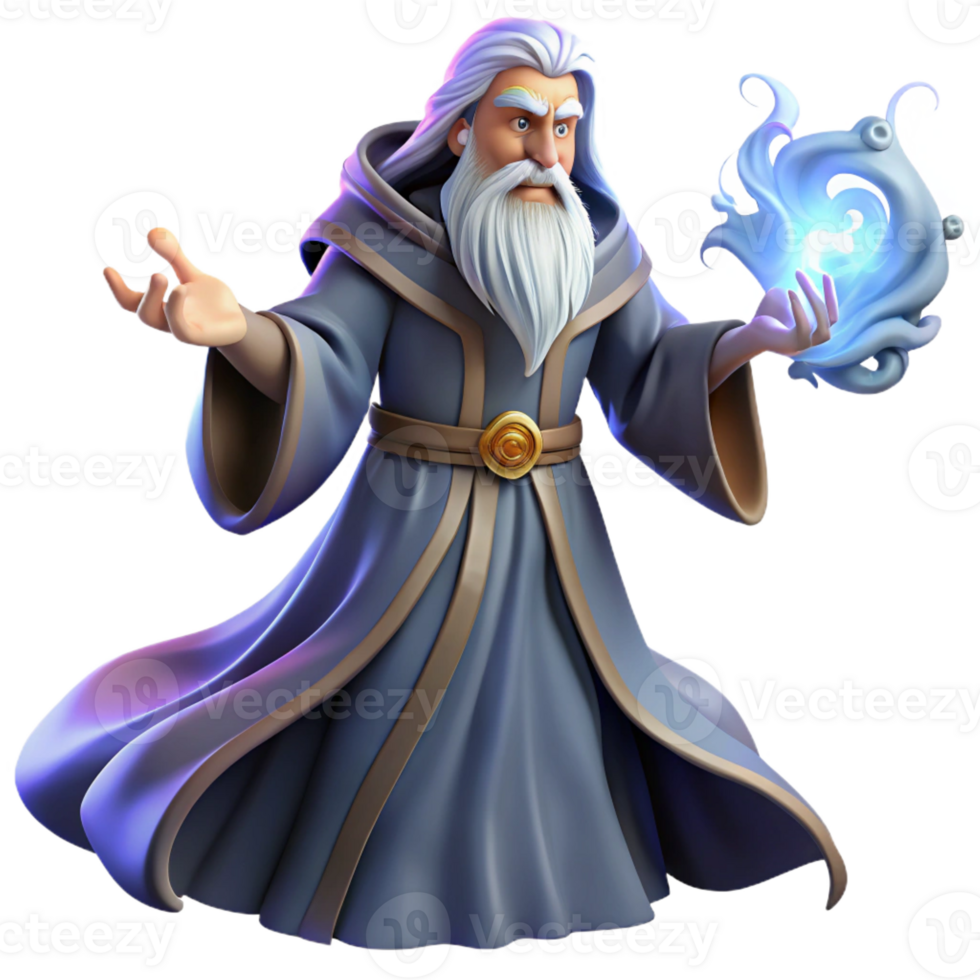 dramatic artistic A powerful wizard with a long white beard and flowing robes, casting a spell of swirling arcane energy, illuminated by magical light. High fantasy, detailed illustration authentic png