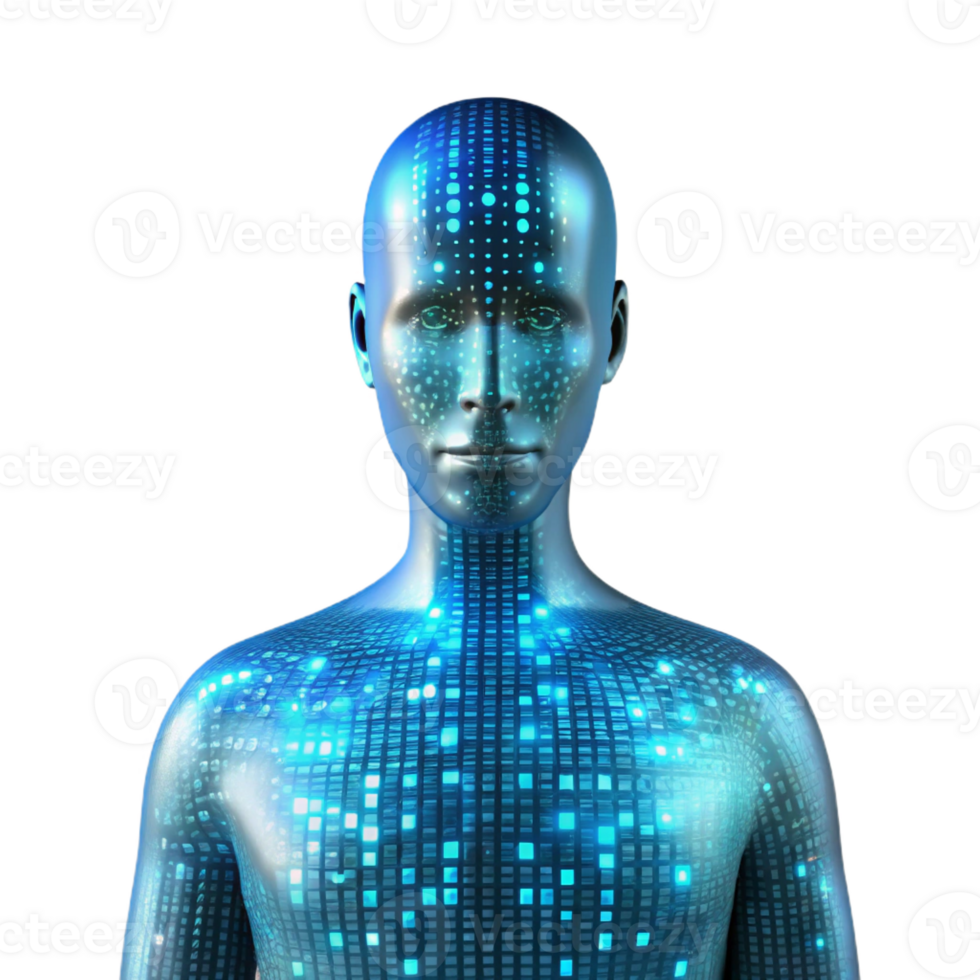 wonderful contemporary A human silhouette merging with digital code, illuminated by a bright, white light, in a futuristic style professional png