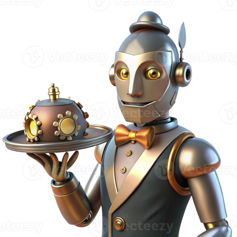 impressive vintage A steampunk robot butler holding a silver tray with cogs and gears visible beneath its polished metal exterior, lit by warm candlelight, in a cartoon style high resolution png