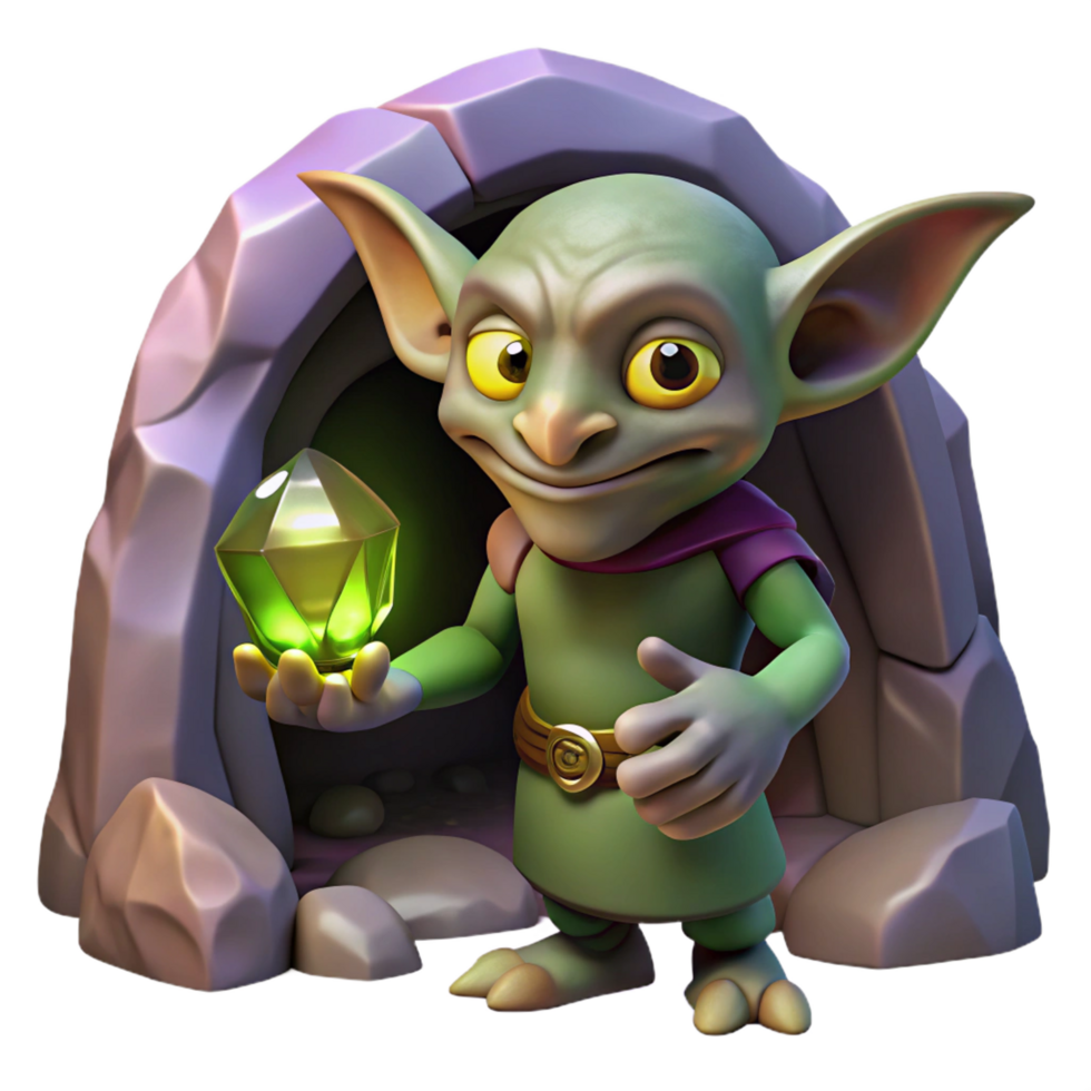 extraordinary abstract A mischievous goblin, holding a stolen jewel, hiding in a dark cave, lit by a single ray of light, in a fantasy art style original png